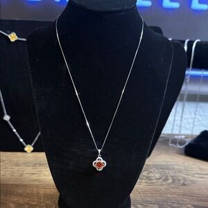 Sterling Silver Garnet Floral Halo Pendant Necklace in Deep Red